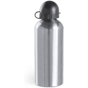 A drink bottle with a sleek silver finish and a black cap featuring a secure lid. It has a minimalistic design.