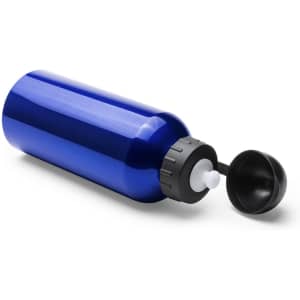 A drink bottle with a sleek blue finish and a black cap. It features a logo on the side.