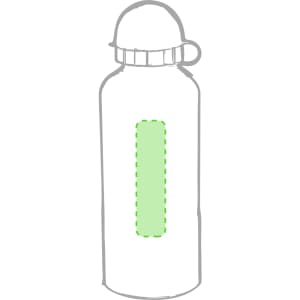 A drink bottle in silver with a green accent, featuring a screw-on cap and a branding logo.