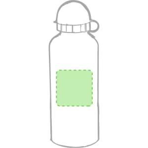 A drink bottle featuring a cylindrical shape, with a green area for customisation and a lid with a loop.