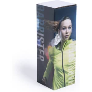 A drink bottle in a tall, sleek packaging featuring vibrant colours and an image of an athlete. It has a logo displayed.