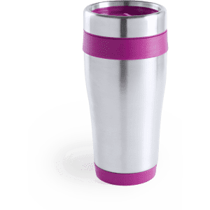 A travel mug with a stainless steel body and a purple silicone band at the top and base. It features a logo.