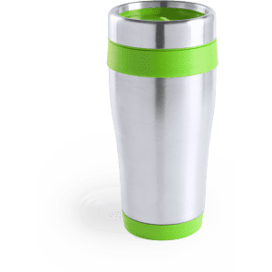 A travel mug with a stainless steel body and bright green silicone accents. It features a secure, lid design and has a logo.