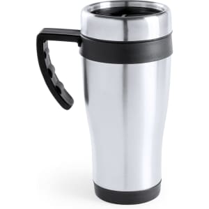 A travel mug in metallic silver with a black grip and base, featuring a lid and a handle.