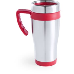 A travel mug with a stainless steel body and a red plastic handle, featuring a matching red band.