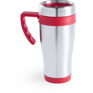 A travel mug with a stainless steel body and a red silicone grip, featuring a lid and handle.