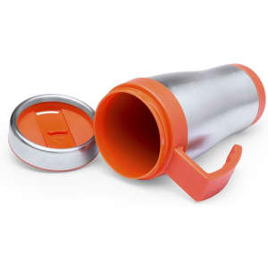 A travel mug with a silver body and orange lid, featuring a handle and a pull tab on the lid.