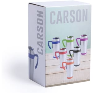 A drink bottle featuring multiple colours and a handle, presented in a boxed packaging with a simple design.