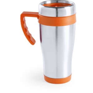 An insulated travel mug in silver and orange, featuring a comfortable handle and a sleek design.