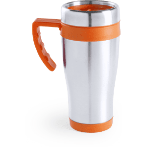 A stainless steel insulated travel mug with an orange handle and band. Features a sleek, modern design and a logo.