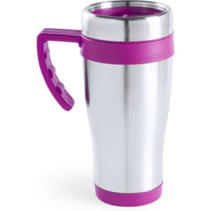 A travel mug with a stainless steel body and a pink plastic lid and handle. It includes a logo on the side.