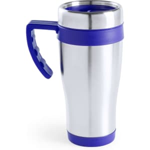 A travel mug with a stainless steel body and purple plastic accents, featuring a handle and a secure lid.