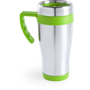 A travel mug with a metallic silver body and green plastic accents, featuring a sturdy handle and a secure lid.