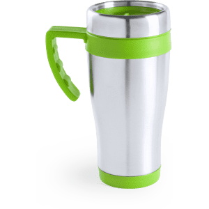 A travel mug featuring a stainless steel body with a green handle and lid. It also has a logo.