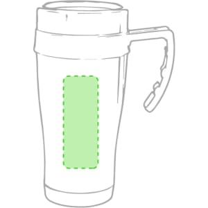 A travel mug featuring an insulated design and a handle, with a blank area for custom branding, available in multiple colours.