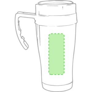 A travel mug with a handle, featuring a solid colour design and an unmarked area for custom branding.