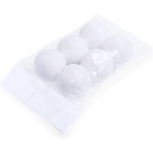 A clear bag containing seven white, glittery decorative balls.