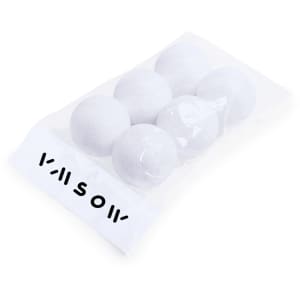 A pack of six white decorative balls in transparent packaging, featuring a branding label.