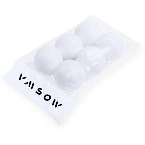 A pack of six white decorative balls in a clear plastic pouch with branding.