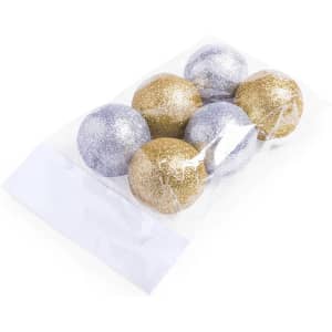 A pack of six shiny Christmas decoration balls in gold and silver glitter, sealed in transparent packaging.