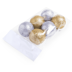 A clear package containing six glittery Christmas decorations in silver and gold.