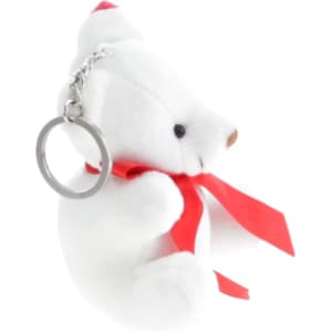 A white teddy bear keyring with a red ribbon around its neck and a metal keychain attached.