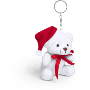 A white teddy bear keyring wearing a red hat and bow, attached to a silver keychain.