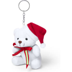 A white teddy bear keyring wearing a red Santa hat and green ribbon, attached to a metal keychain.