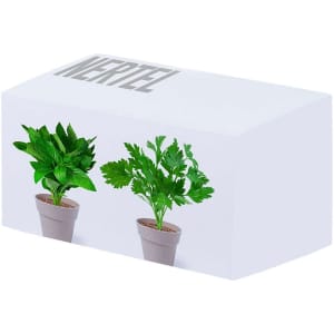 A boxed flowerpot set featuring two grey pots with green leafy plants. The packaging has a logo.
