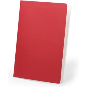 A red notebook with a plain cover, featuring a logo on the front and blank pages inside.