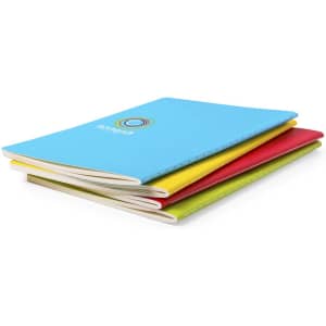 A stack of four notebooks in blue, red, yellow, and green, featuring a logo on the blue notebook.