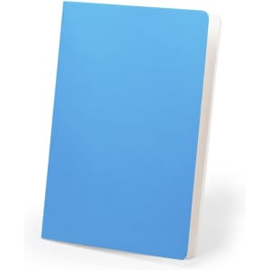 A blue notebook with a plain cover and white inner pages, featuring a logo on the front.