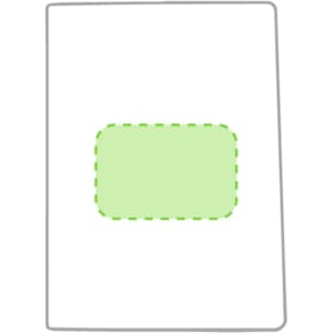 A notebook with a green outlined rectangle on a white cover, featuring a logo.