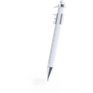 A multifunction pen in silver and white, featuring a ruler and various writing options, with a logo present.