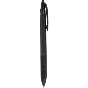 A black stylus touch ball pen with a grip and a clip, featuring a red accent. It also has a logo.