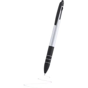 A stylus touch ball pen in white and black, featuring a logo, with a colourful ink line beneath it.