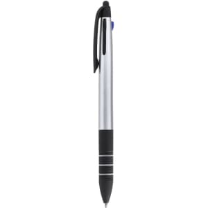 A silver and black stylus touch ball pen with a tapered design and a clip for convenience.