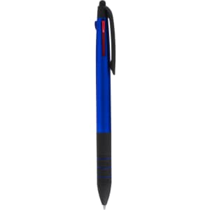 A blue stylus touch ball pen with a black grip and a red accent, featuring a logo.