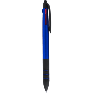 A blue stylus touch ball pen with a black grip and a clip, featuring a logo on the barrel.