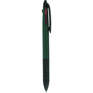A green stylus touch ball pen with a black grip and a red clip, featuring a branding logo.