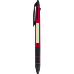A red and black stylus touch ball pen with a textured grip and a branding area.
