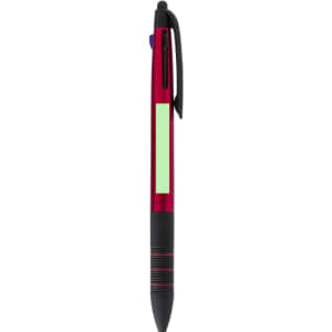 A red stylus touch ball pen with a black grip and a space for branding.