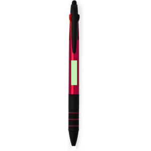 A red and black stylus touch ball pen features a sleek design and an area for branding.