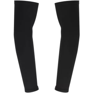 Two black arm sleeves with a snug fit, featuring a simple design and a logo on one side.
