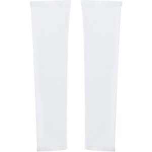 A pair of white arm sleeves featuring a subtle logo, designed as clothing accessories.