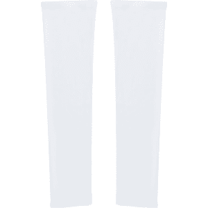 A pair of white arm sleeves, featuring a simple design and an attached logo.