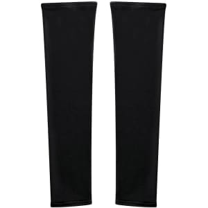 A pair of black arm sleeves with a smooth finish and a logo on one side.