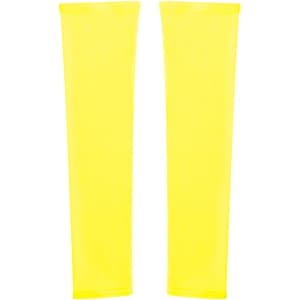 Bright yellow arm sleeves displayed side by side, featuring a smooth texture and a logo on one sleeve.