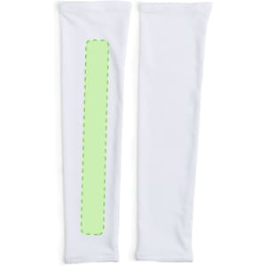 White arm sleeves featuring a green accent area and a logo. Suitable as a clothing accessory.