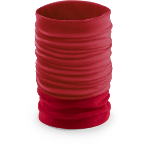 A red neck warmer with a textured design, suitable for clothing accessories. It features a logo.